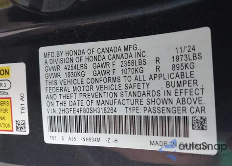 2025 Honda Civic Hybrid Sport/Sport Touring from USA, damaged, VIN 2HGFE4F80SH318264